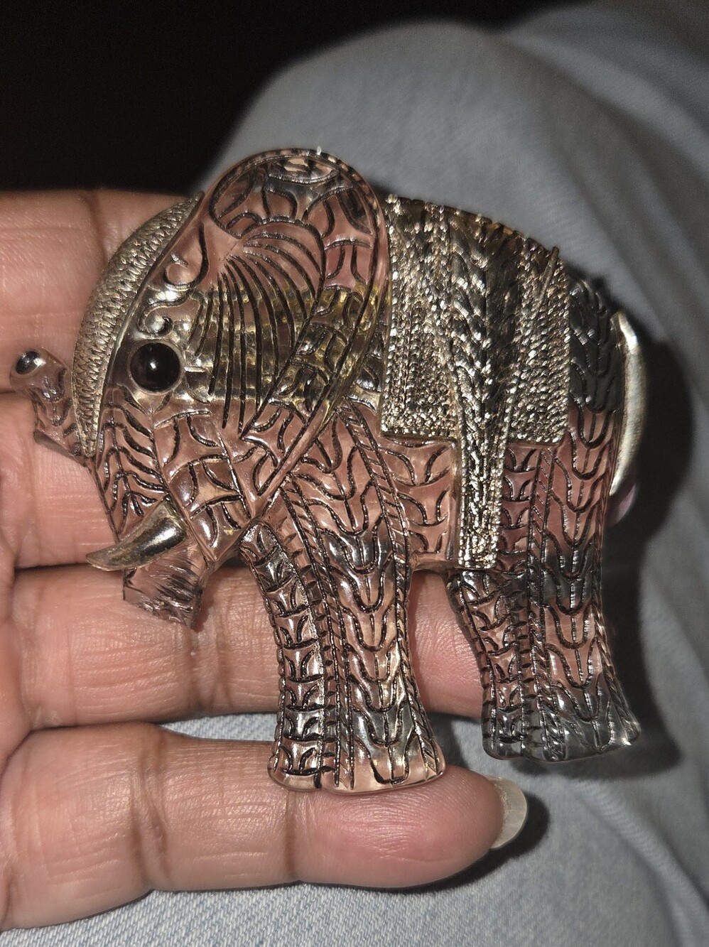 Vintage Large Elephant Brooch Clear Acrylic With Rhinestones 3” x 2.5”